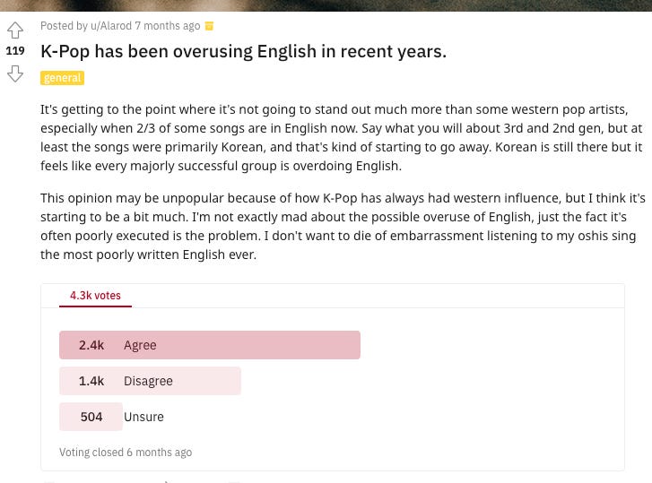 Screenshot of subreddit conversation K-pop has been overusing English in recent years, featuring u/Alarod's post and screenshot of survey.
