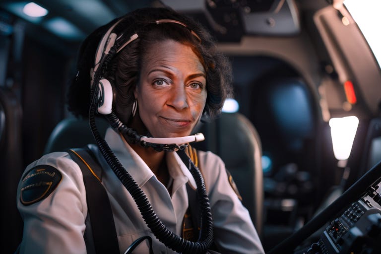 Gabrielle, the AI-powered autopilot, sits in the cockpit