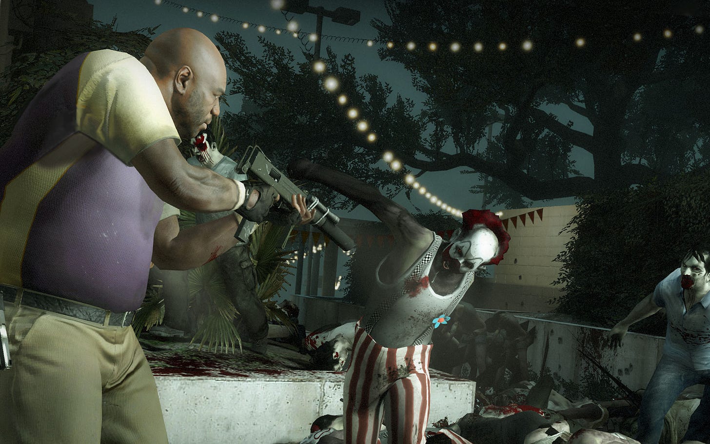A screenshot from the map Dark Carnival, where Coach is pointing an SMG at a zombie clown.