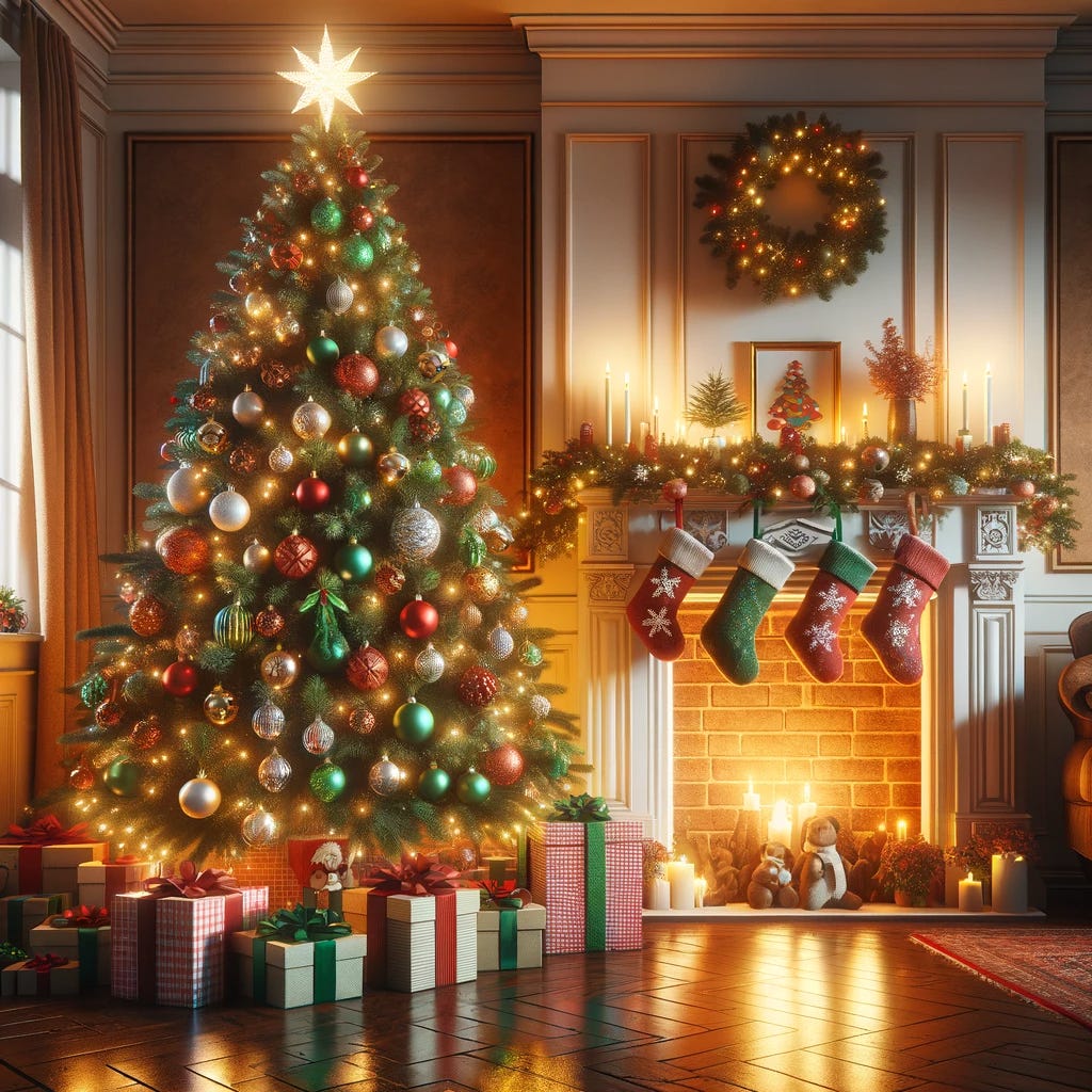"A cozy living room decorated for Christmas with a large, green Christmas tree in the corner. The tree is adorned with colorful ornaments, twinkling lights, and a shining star on top. Underneath the tree, there are six beautifully wrapped presents. Festive stockings are hung on the mantelpiece above a warm, glowing fireplace. The room exudes a warm and festive atmosphere, capturing the spirit of the holiday season."