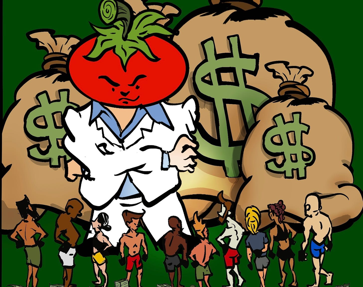 Dana White as a big red tomato surrounded by mountains of money vs several tiny fighters illustration by Chris Rini