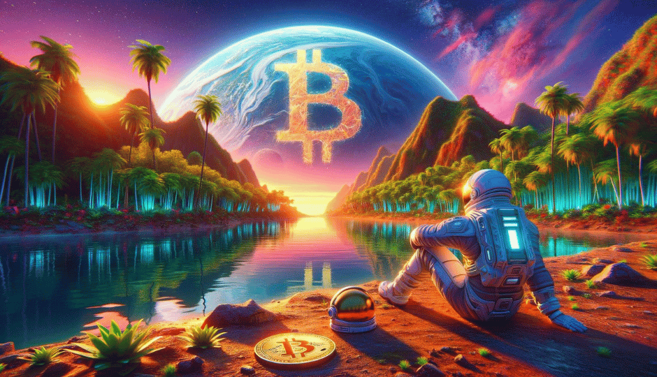 Un astronaute en pause observe le coucher de soleil sur une plage exotique avec des palmiers, devant un lac reflétant un ciel étoilé et une planète avec le symbole Bitcoin, évoquant une harmonie entre exploration spatiale et finance numérique.