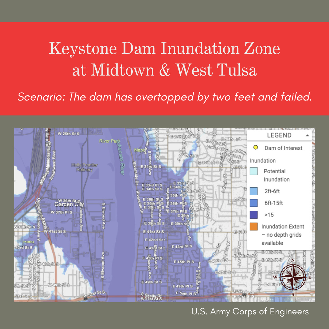 This infographic has a peat green background and light grey map with streets labeled in white text. Above the map, a red banner with white text reads, "Keystone Dam Inundation Zone at Midtown and West Tulsa. Scenario: The dam has overtopped by two feet and failed." White text beneath the map credits it to the U.S. Army Corps of Engineers. A large purple overlay on the map shows flood depths of 15 feet or more covering a wide swath of Arkansas River floodplain at Midtown and West Tulsa. The map shows a vertical stretch of the inundation zone from West 25th Street South (west of the river) or Gathering Place (east of the river) to the I-44 bridge. The inundation area extends west of South Union Avenue in places and east of South Peoria Avenue. South of the HF Sinclair refineries, the inundation area shifts eastward, with less land affected on the west bank and flooding well beyond South Utica Avenue to the east. The overlay is fringed with blue, reflecting lesser flood depths along the perimeter.