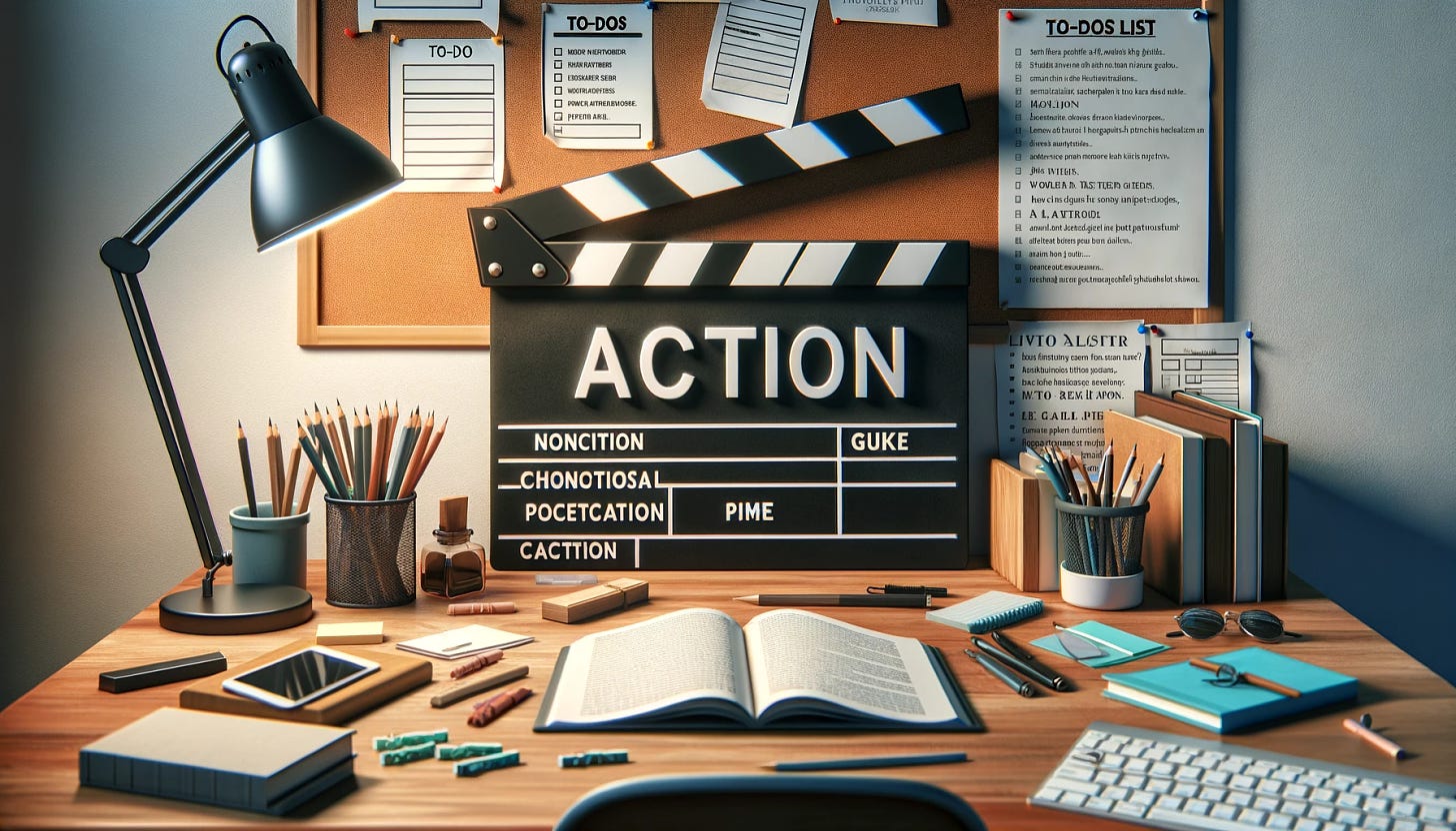 A realistic illustration of a film clapperboard with the word 'Action' prominently displayed. The scene captures a clean, organized writing space with practical elements like checklists, to-do lists, and guides, emphasizing non-fiction, highly actionable content. The writer is surrounded by these actionable elements, engaged in focused, purposeful activity. The workspace includes a tidy desk, a laptop, neatly arranged stationery, and visible lists and guides pinned on a bulletin board. The lighting is bright and natural, creating a productive atmosphere.