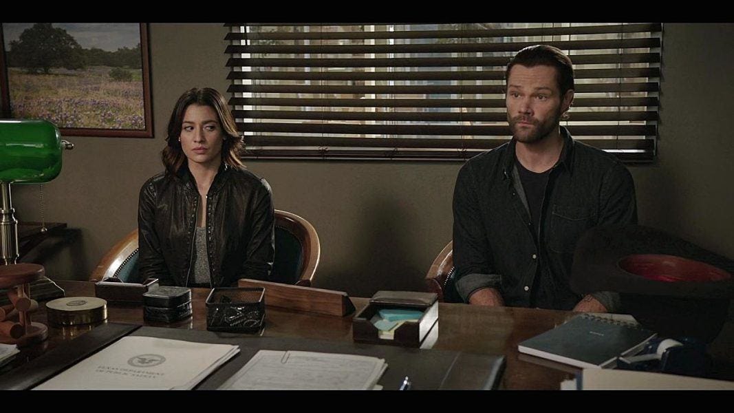 Walker Cassie and Cordell sitting in front of James Codie Bell desk on set.