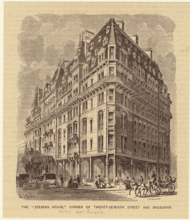 The 'Stevens House', at the corner of Twenty-seventh Street and Broadway in Manhattan, New York, an 1874 engraving from the New York Public Library's collection