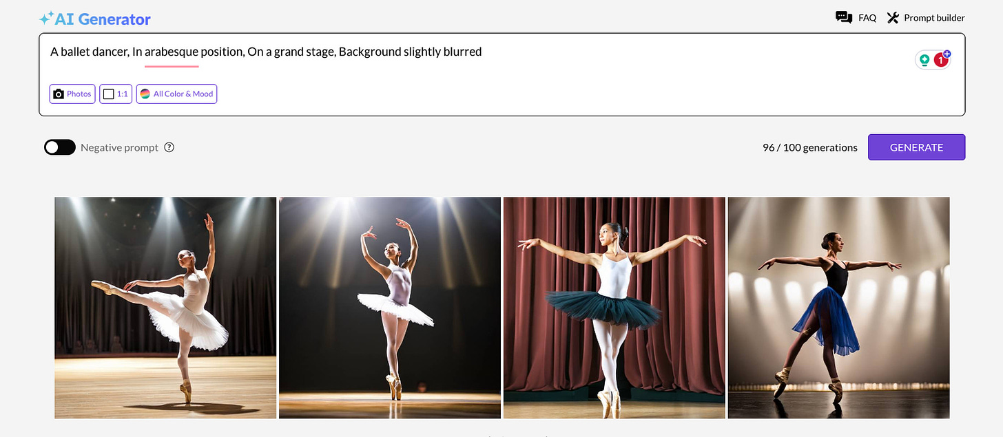 A screenshot of the Generative AI by Getty Images tool with ballet dancers