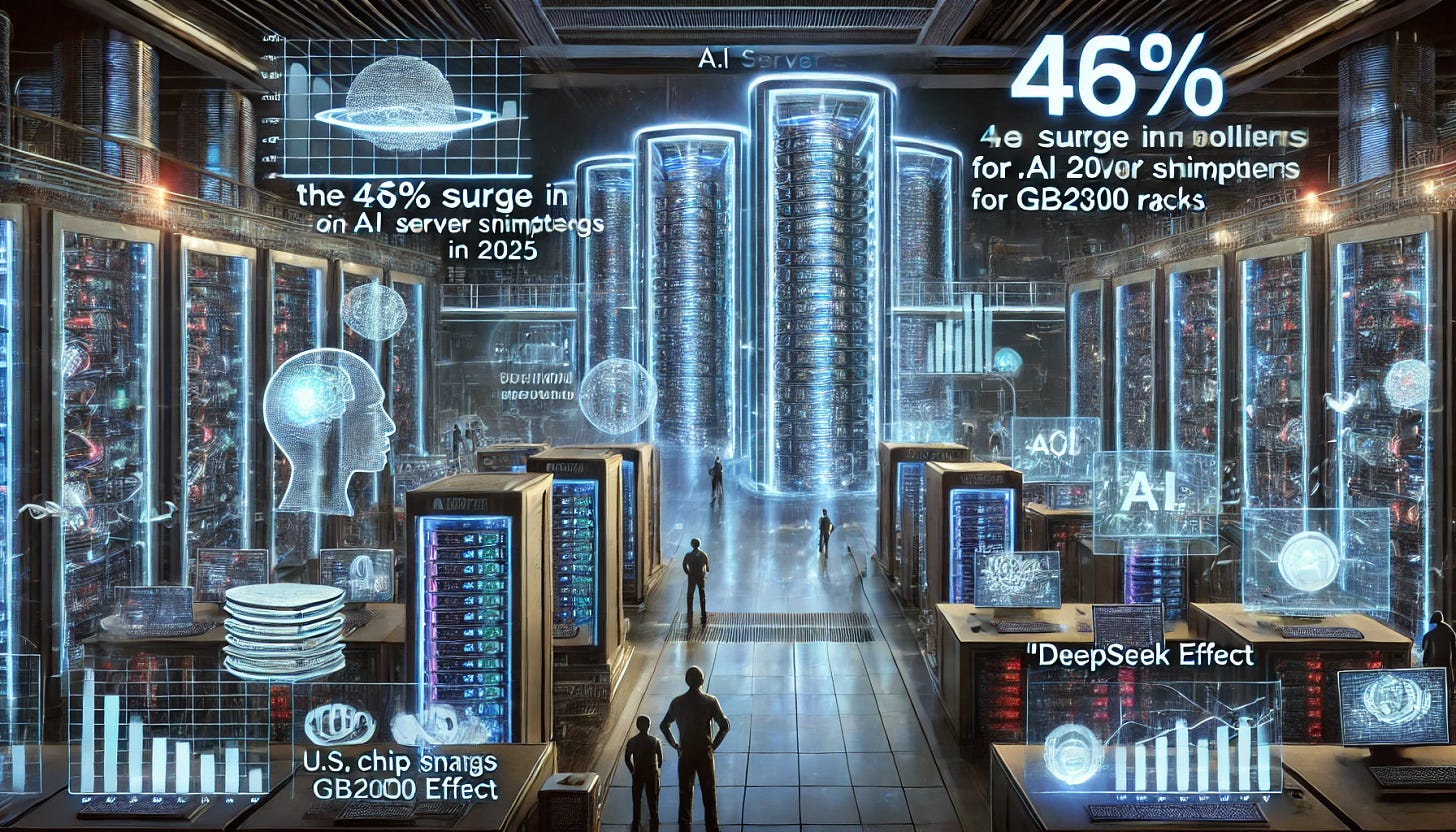 A 16:9 futuristic illustration showcasing the evolving AI server outlook for 2025. The scene features a high-tech AI data center with towering server racks, glowing with dynamic data streams, symbolizing the 46% surge in AI server shipments in 2024. Holographic charts and projections highlight the potential challenges ahead, including U.S. chip restrictions, rollout snags for GB200/GB300 racks, and the disruptive ‘DeepSeek effect.’ Engineers and robotic systems are seen monitoring server infrastructure, while a futuristic cityscape in the background emphasizes global AI expansion and uncertainty in the market.