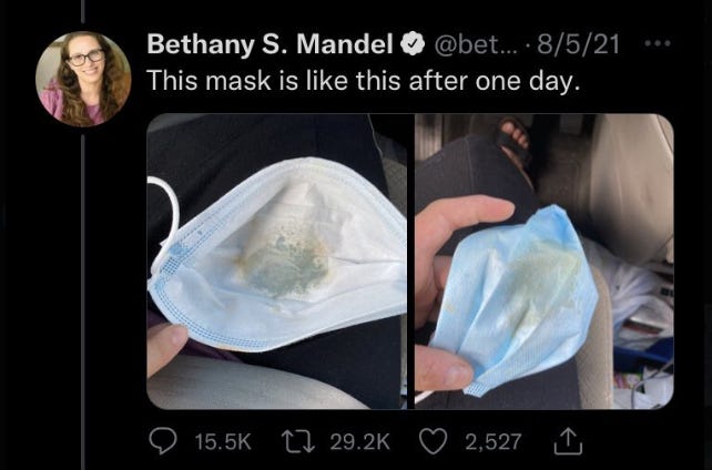 two photos tweeted by Bethany Mandel showing the inside of a blue surgical mask with a disgustingly vulgar discharge inside