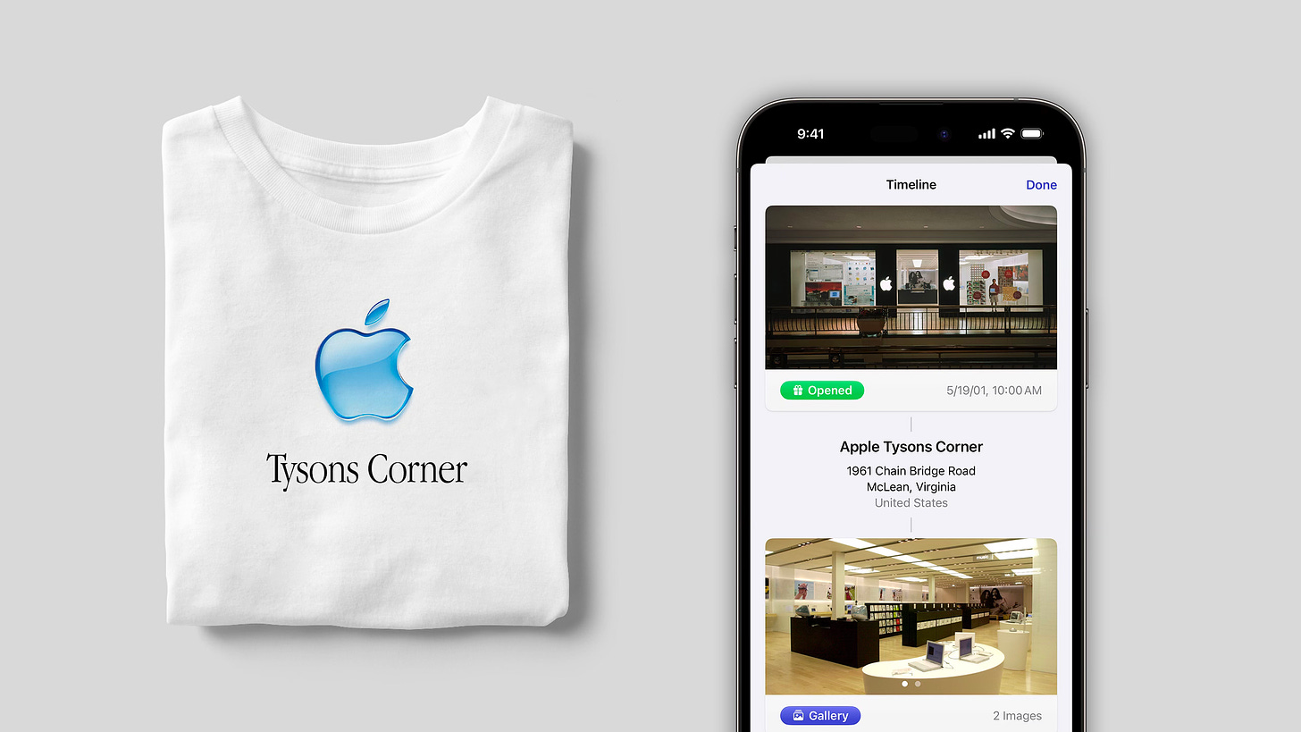 A t-shirt with an aqua Apple logo and the text "Tysons Corner" and an iPhone running Facades 2. The iPhone displays the store timeline for Apple Tysons Corner.