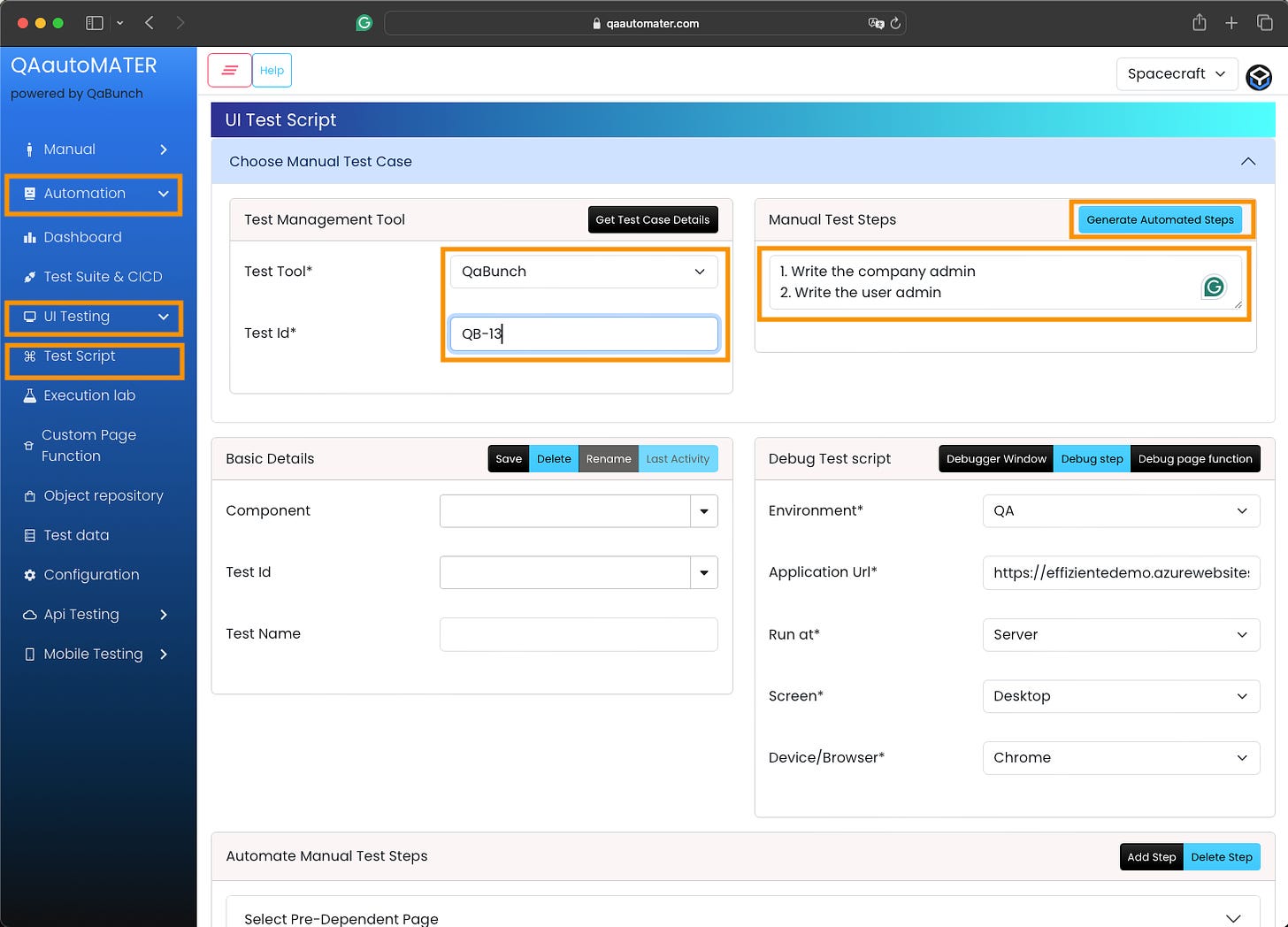 Test Script forms, Select the Test Too, Test Id and write the manual steps and click in Generate Automated Steps