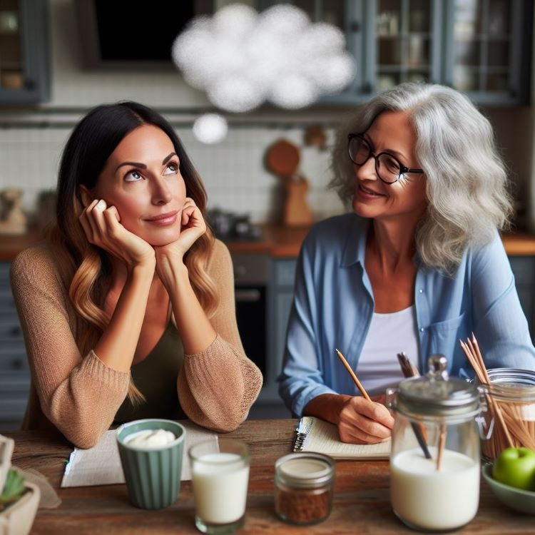 Two women talking at a kitchen table. The first woman is daydreaming with an empty thought.