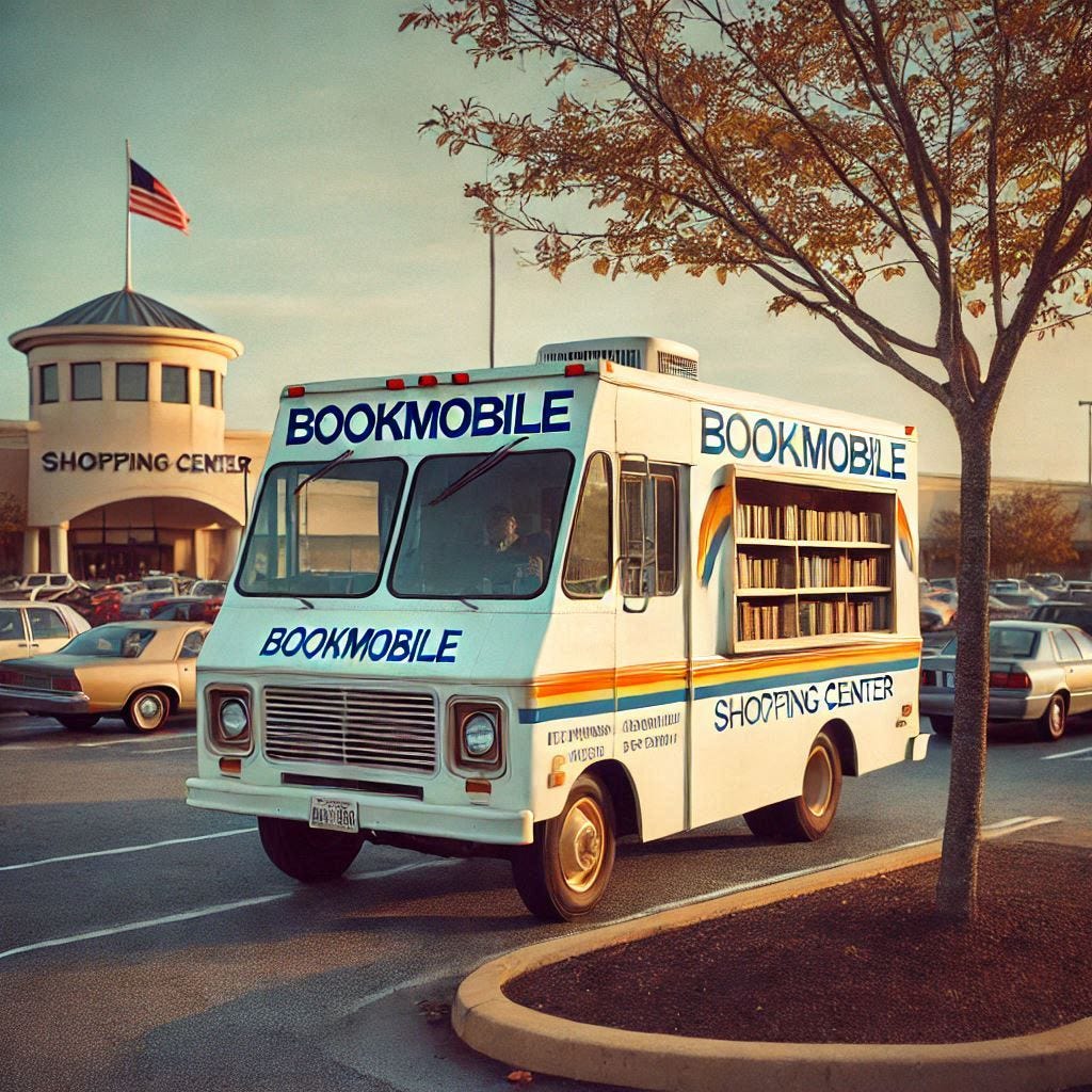 a bookmobile in a shopping center parking lot. Use the time period of the early 1970s 