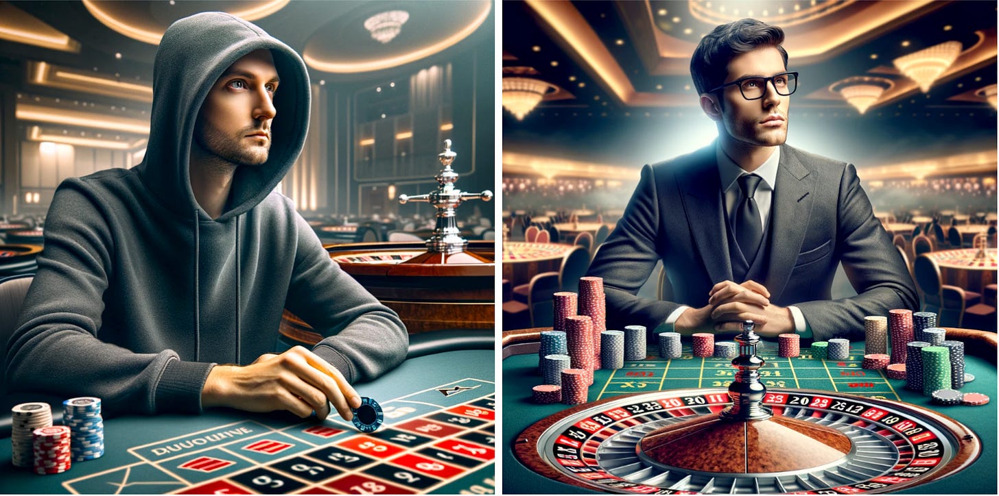 Employee with a single roulette chip vs. Venture Capitalist with many chips able to make many bets