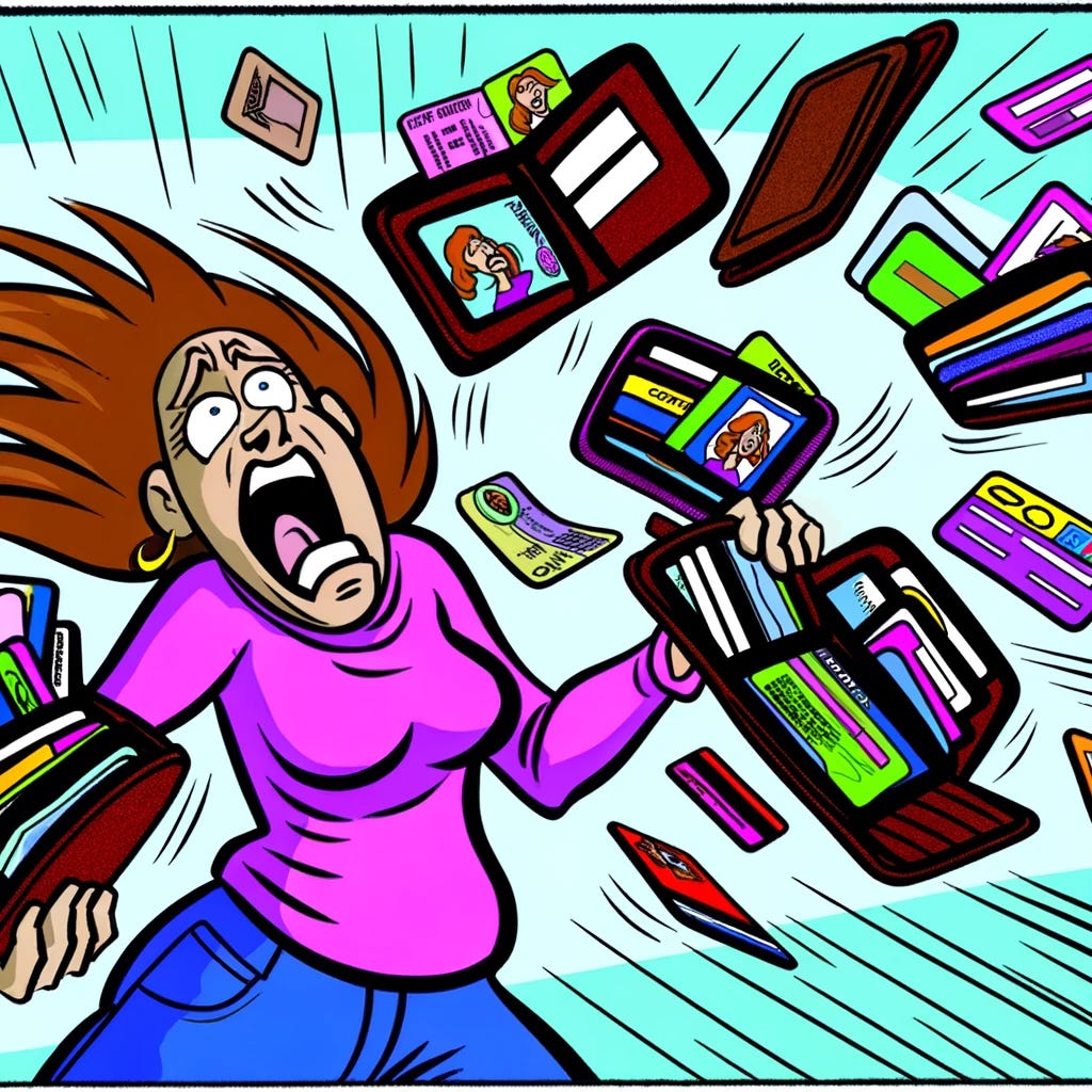A single-panel comic strip depicting a woman in a state of panic and anger as she unsuccessfully attempts to juggle 6 overstuffed wallets. Each wallet is open, revealing a colorful array of ID credentials, loyalty cards, and membership cards, which are spilling out into the air around her. The woman's mouth is wide open in a shout, and her eyes are wide with frustration. Her hair is flying wildly, adding to the chaotic atmosphere of the scene. The background is streaked with lines that suggest rapid movement, emphasizing the disarray of the moment.