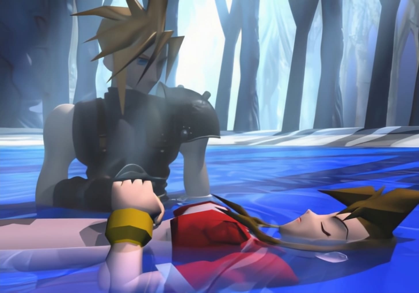Cloud buries Aerith in the bottomless pond in the City of the Ancients.