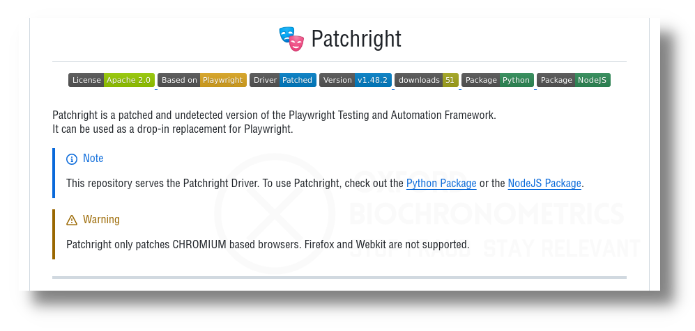 The information as shown on Patchright's Github main page.