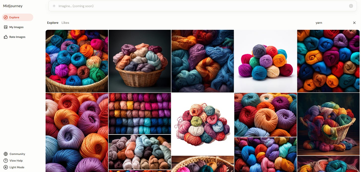 Midjourney image results for "yarn"