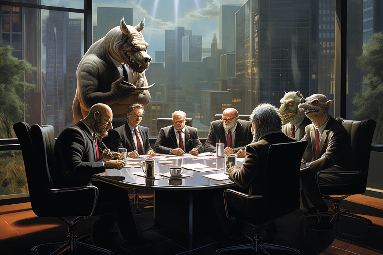 Business meeting with a rhino and two lizard/gorilla-person hybrid people