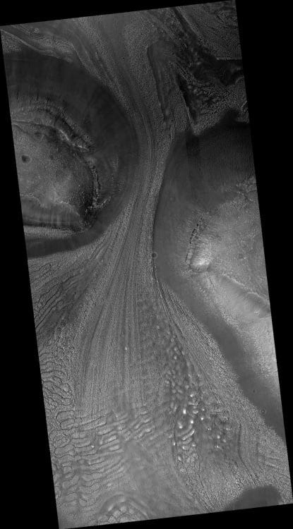 The HiRISE camera aboard the Mars Reconnaissance Orbiter captured a detailed image of an ice flow on Mars.