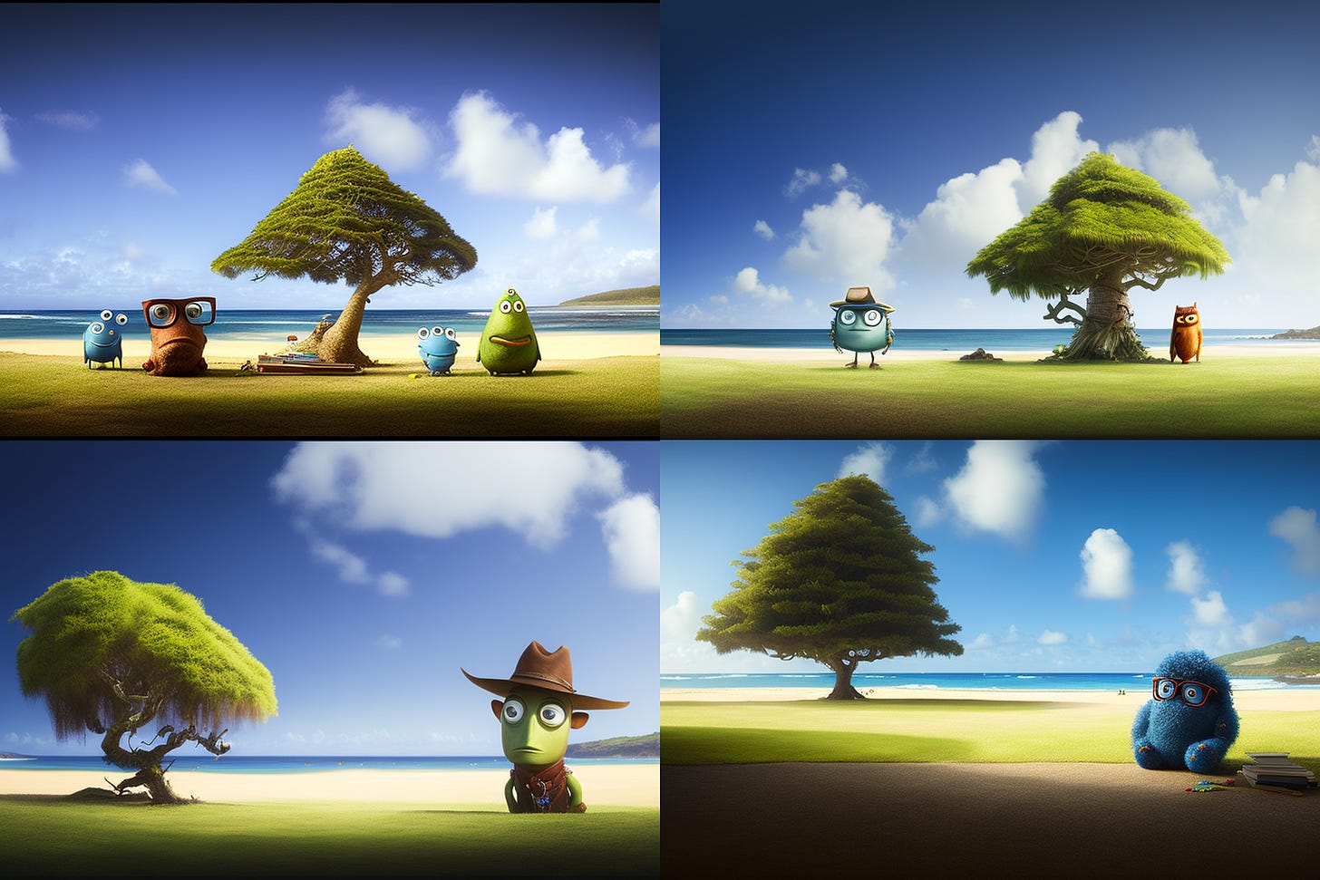 MJ V4 results for "Pixar cartoon" mixed with an image of a tree