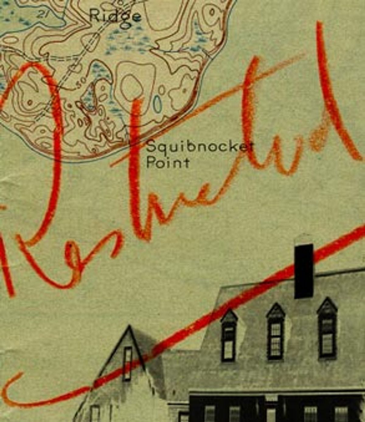 Map of Squibnocket Point on Martha's Vineyard with the word "Restricted" handwritten in red on it. Ad the bottom of the map there is superimposed a drawing of part of a large house. 