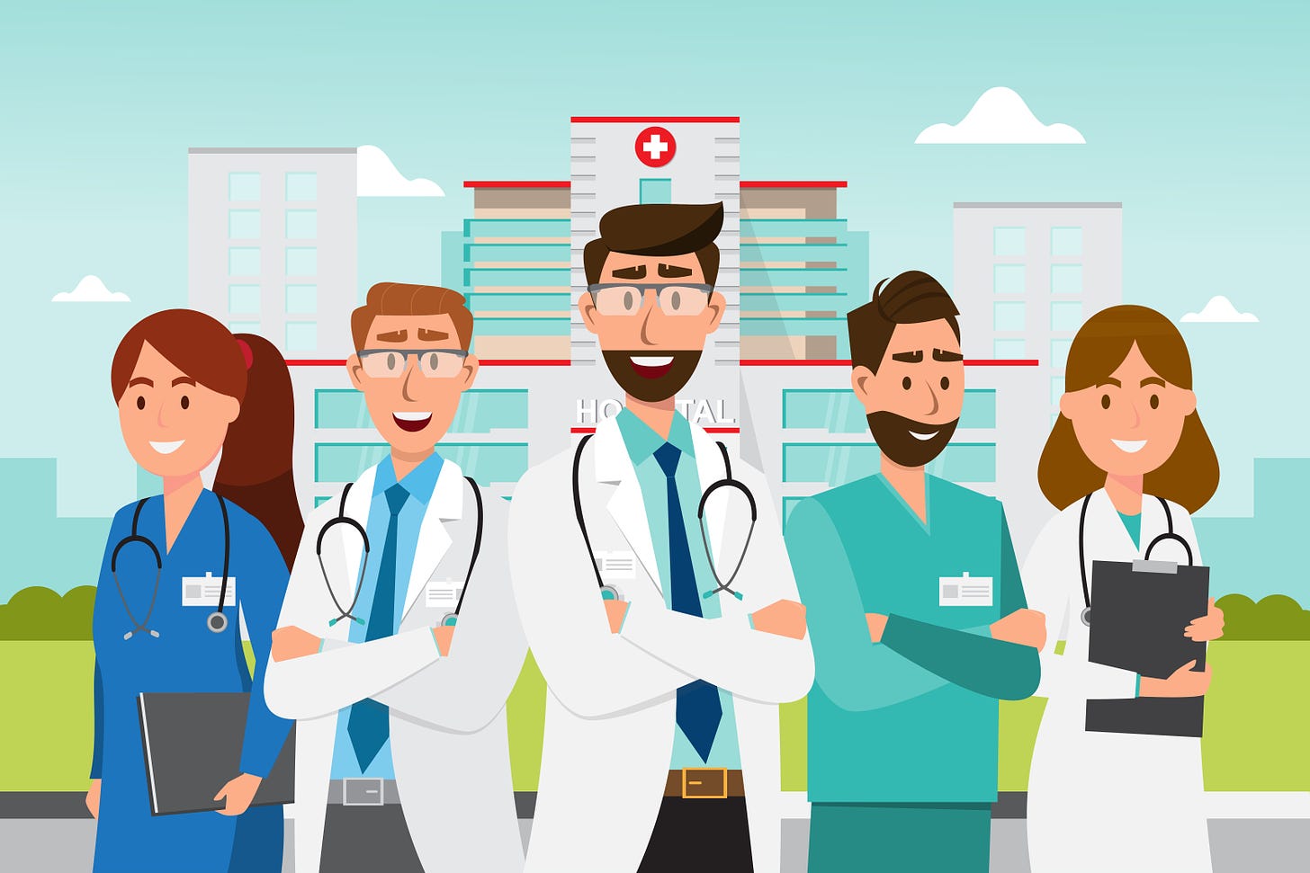 Set of doctor cartoon characters. Medical staff team concept in front ...