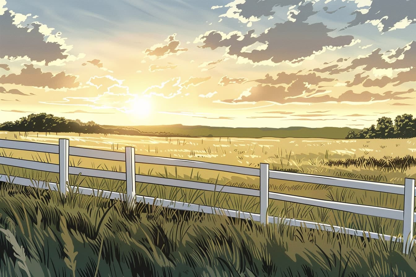 graphic novel illustration of a rural landscape at sunset, with a white fence in the foreground