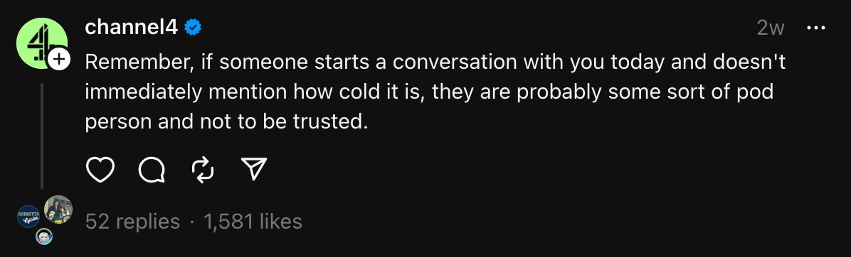 Screenshot of a Threads post by Channel4 about talking about the weather