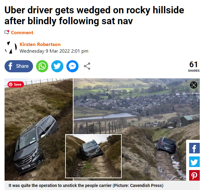 Uber driver gets wedged on rocky hillside after blindly following sat nav