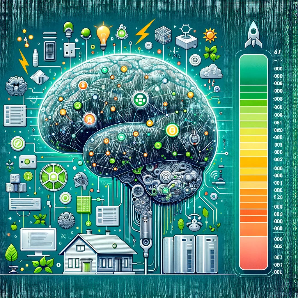 An illustration representing the concept of AI and large language models' energy consumption. The image should depict a large, futuristic AI brain connected to various energy sources, symbolizing the AI's vast energy needs. Beside it, a comparison scale showing a small house representing the average U.S. household energy consumption. Include visual elements like electricity bolts, data centers, and renewable energy symbols to signify the environmental impact and the push for energy efficiency. The background should subtly integrate binary code and eco-friendly motifs, highlighting the contrast between technology and sustainability.