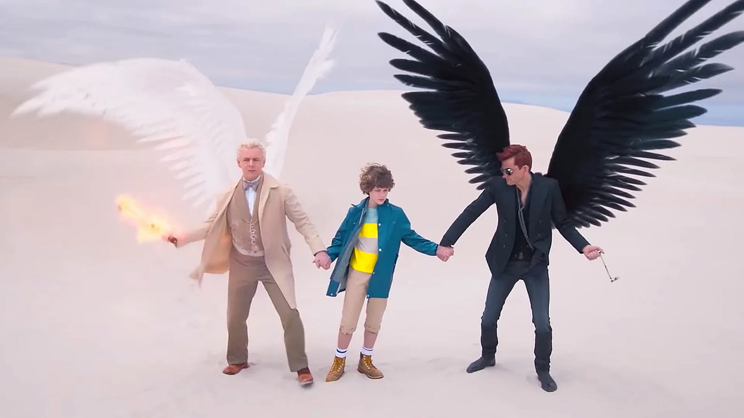 A screenshot from Good omens season one showing an angel and a demon holding hands with a boy.
