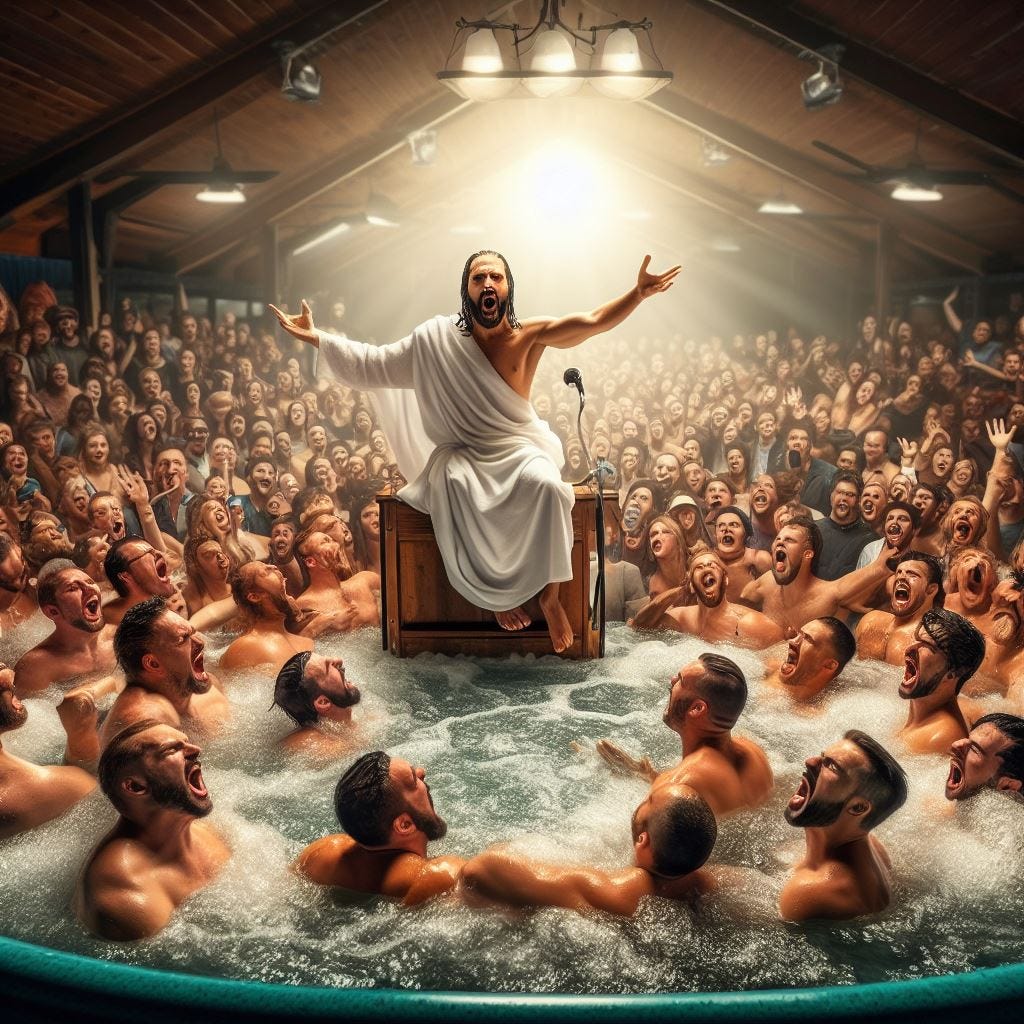 jesus christ delivers a sermon in a hot tub crowded with screaming professional wrestlers