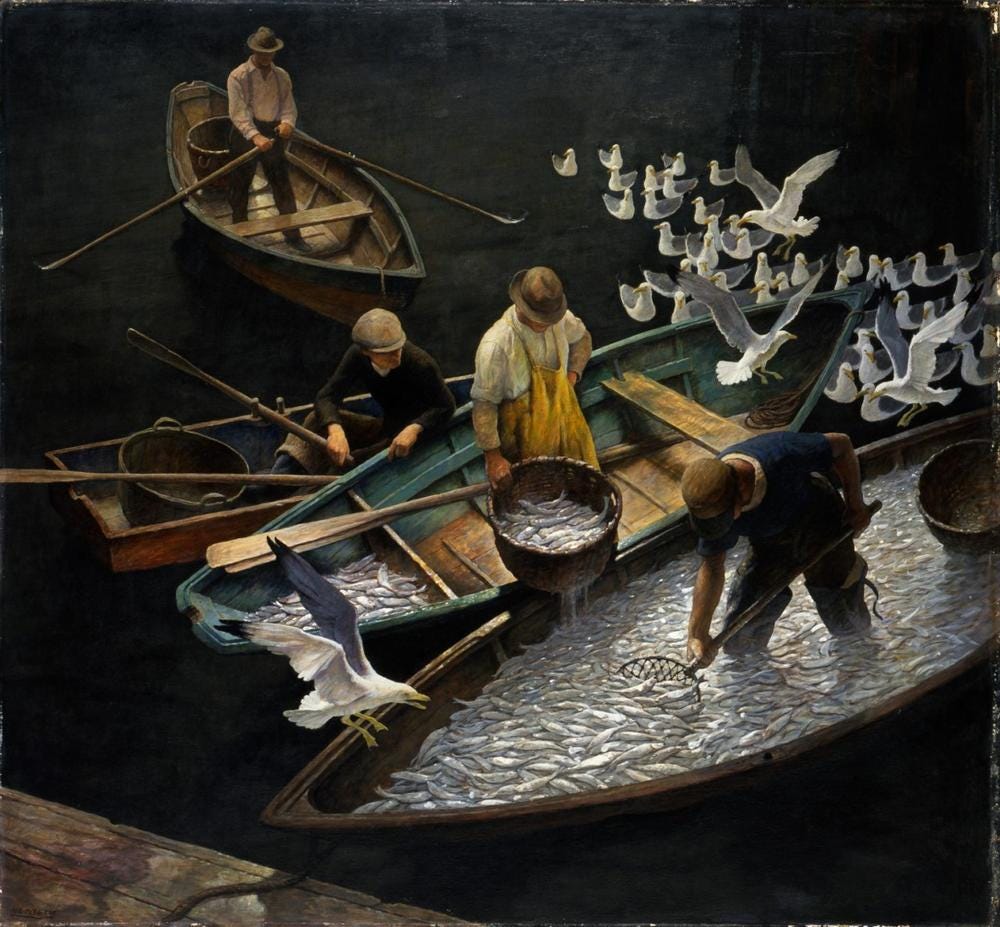 N.C. Wyeth, Dark Harbor Fishermen, 1943, Egg tempera on Renaissance panel, 35 x 38 inches. Portland Museum of Art, Maine. Bequest of Elizabeth B. Noyce, 1996.38.63