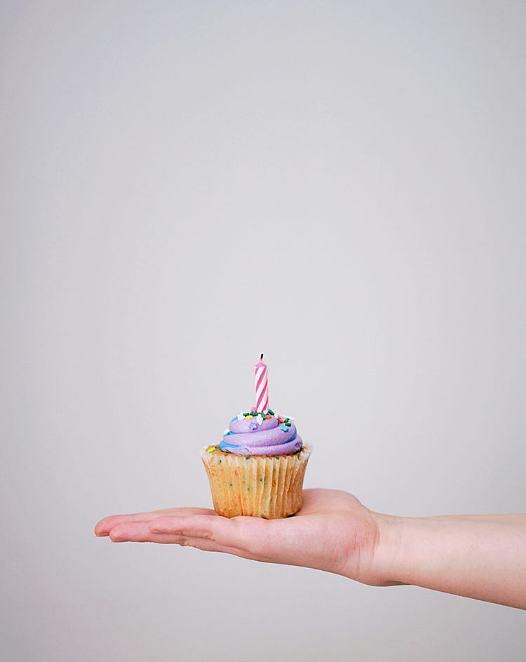 A small cake in the palm of a hand, with a lit candle.