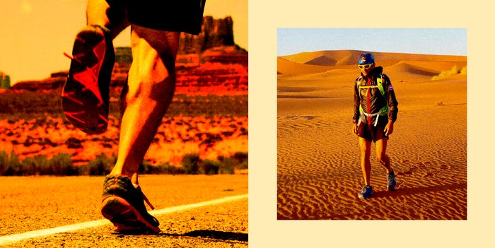 A side-by-side composite image: on the left, a close-up of runner's shoes on a desert road; on the right, a photo of ultrarunner Ray Zahab