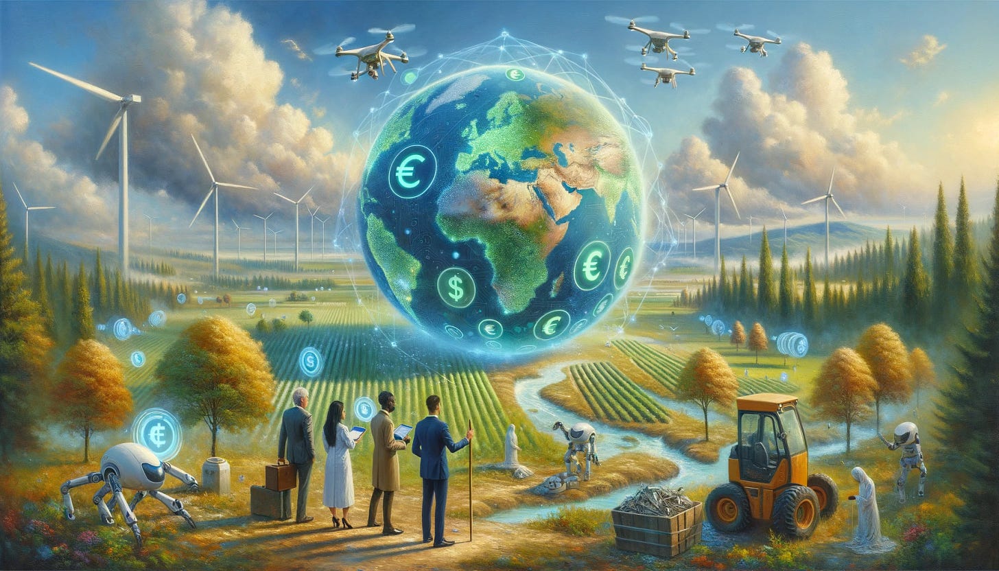 An oil painting that blends the optimism of technological advancements with the realities of financial ecosystems, set on a 16:9 canvas. The scene unfolds in a rejuvenated green landscape beneath a bright sky. A diverse team, including a South Asian woman scientist, an African man engineer, and a Caucasian man investor, stands by a holographic globe adorned with shimmering Euro and dollar signs. They are framed by a backdrop of drones reforesting the terrain and robots purifying the waters, symbolizing a hopeful convergence of technology, finance, and environmental stewardship.