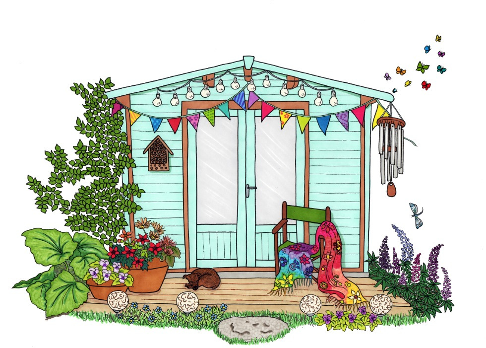 hand drawn artwork depicting a summerhouse with colourful bunting, butterflies, wind chimes, a bug hotel with a chair and a blanket that is rainbow coloured with flowers on it on the decking in front and a sleeping terrier dog. The summerhouse is surrounded by plants and flowers with hanging lights and lights in the grass, colourful butterflies and a dragon fly near the lupins.