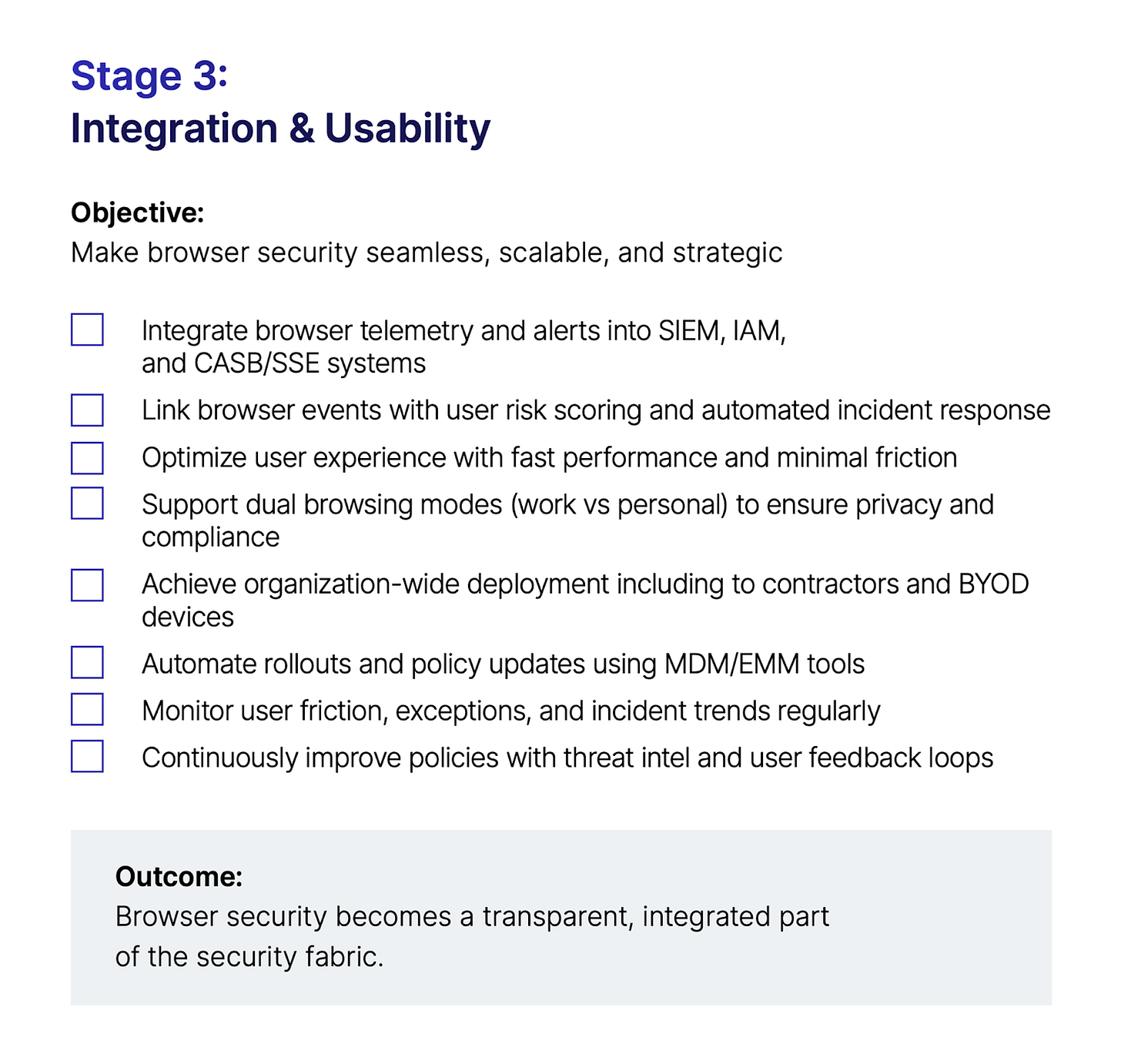 A detailed diagram for Stage 3 (Integration & Usability) of the Browser Security Maturity Model, focusing on ecosystem integration, user experience, and continuous improvement.