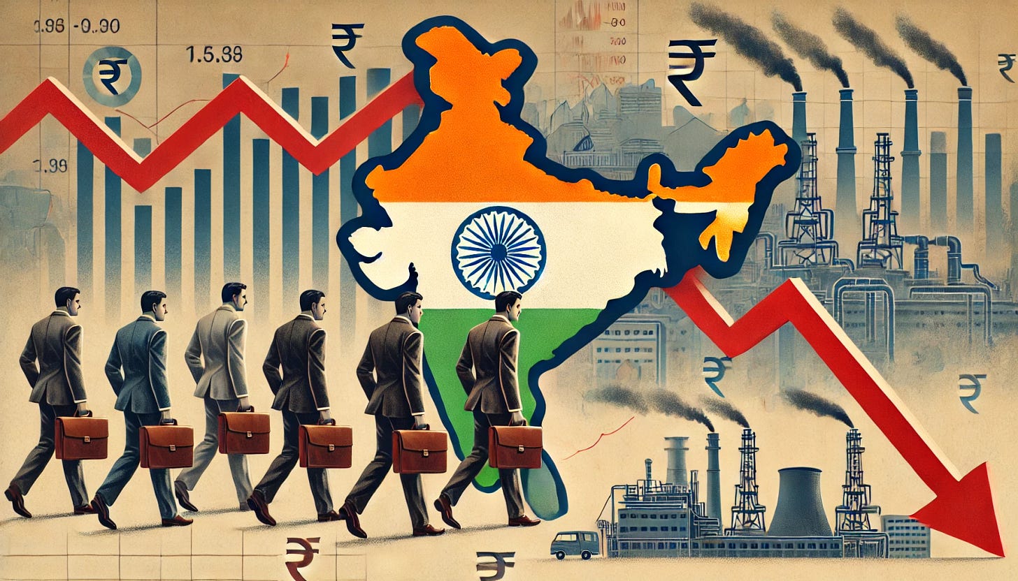 A thought-provoking illustration showing foreign investors symbolized as businesspeople carrying briefcases, walking away from India. The Indian map is stylized with financial graphs and economic symbols like a rupee sign, red downward arrows, and factory buildings fading into the background. The scene captures a blend of modern financial distress and a bustling, complex economy, set in a muted color palette to reflect seriousness.