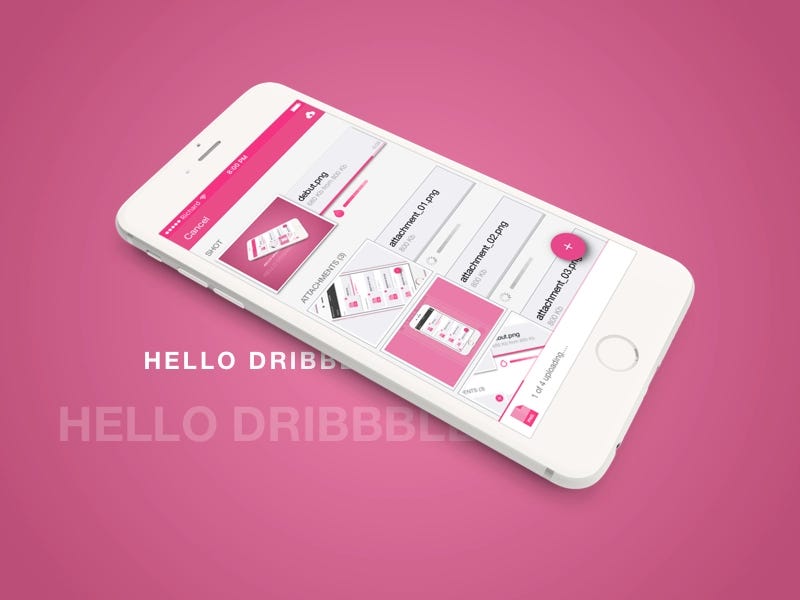 A Dribbble shot of a isometric mockup of a iPhone featuring a uploading experience and the words Hello Dribbble.