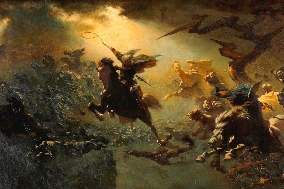 Jacob Grimm identified the pagan roots of "Wild Hunt," but similar visions soon took on deeper Christian meaning. Painting by Johann Wilhelm Cordes.