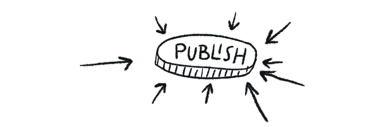 Ink line drawing of a big button that says "publish" with lots of arrows pointing to it