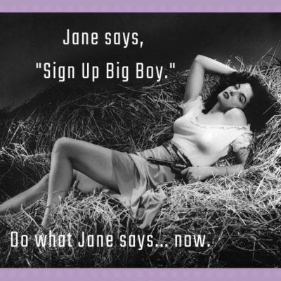 sign up, jane russell, substack newsletter