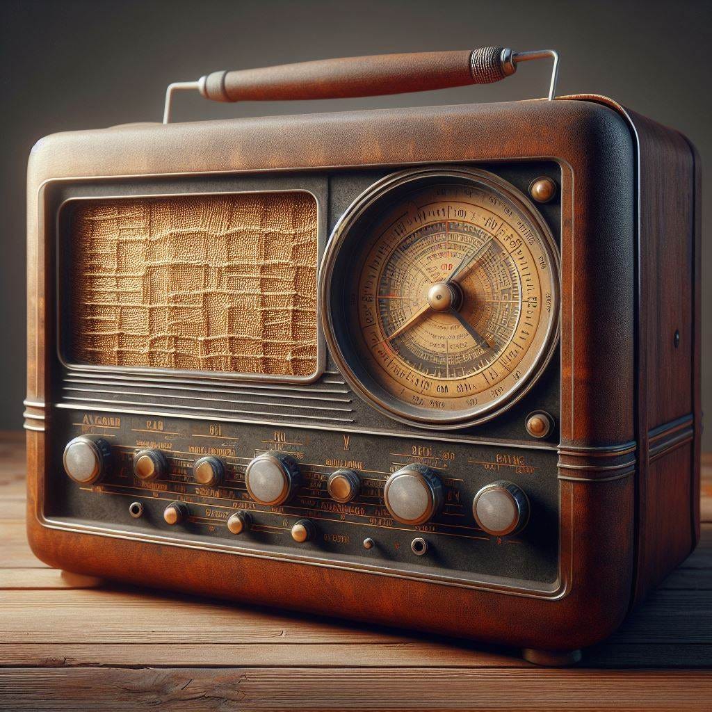 An old radio with a wooden case, a dial, and an antenna