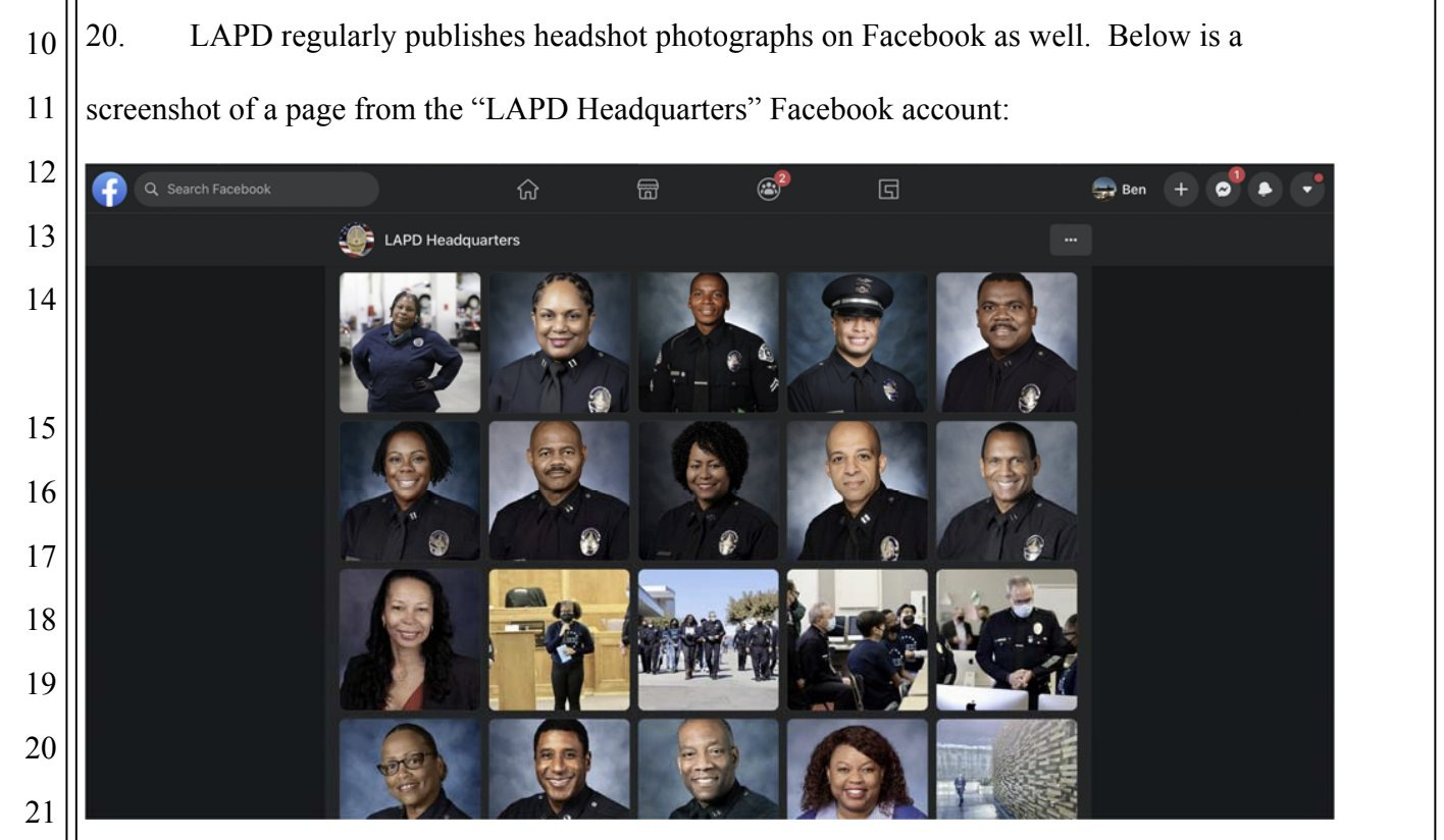 A portion of the court case that argued for the release of LAPD headshots. The court document includes a screenshot of the Facebook page of LAPD Headquarters where 14 thumbnails out of 20 show headshots of LAPD officers, posted by the official Facebook page.