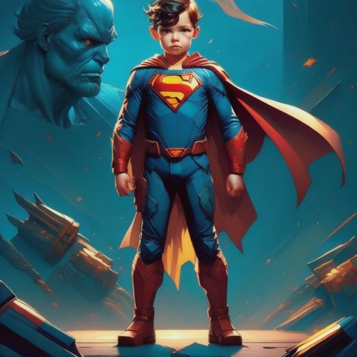 A child superhero in a superhero suit similar to Superman's