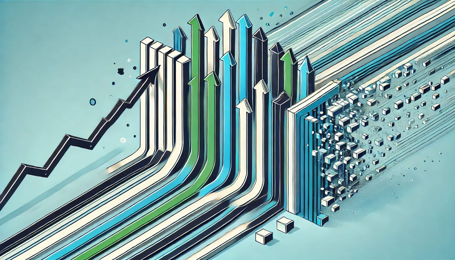 A completely wordless, minimalist abstract representation of free markets driving growth and innovation while trade barriers stifle progress. The image features clean, upward-moving lines or arrows to represent growth and openness, contrasting with a single clear barrier like a dissolving wall or block symbolizing the breakdown of trade barriers. The color palette should remain simple and sleek, with vibrant hues like blue or green indicating growth and darker tones like gray or black for the barrier, focusing solely on the graphic elements without any text.