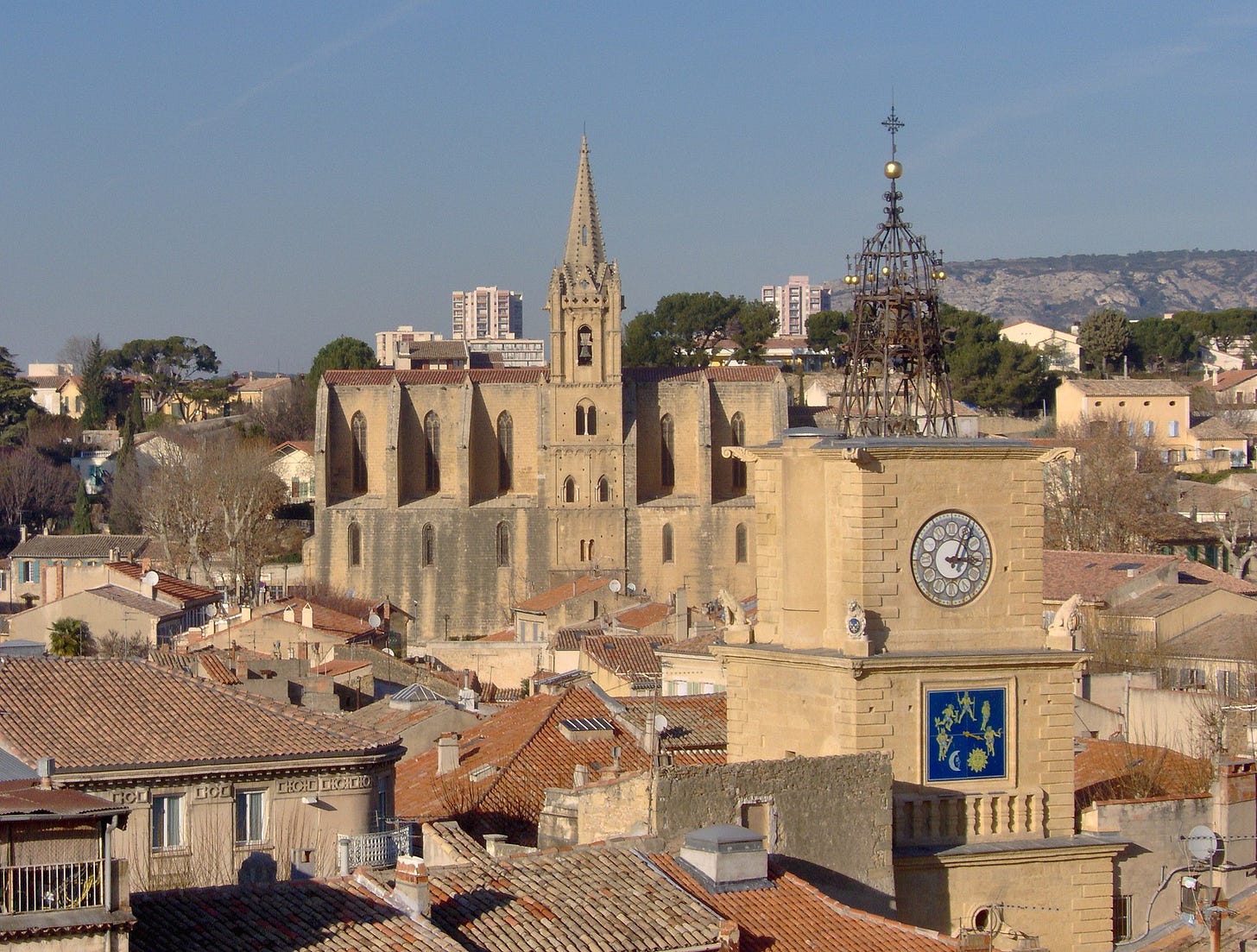 A view of Salon-de-Provence, with the church and clock tower