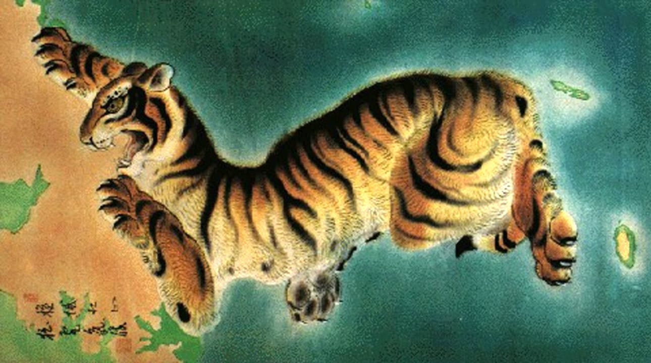 A colorful map depicting the Korean peninsula as a rampant tiger